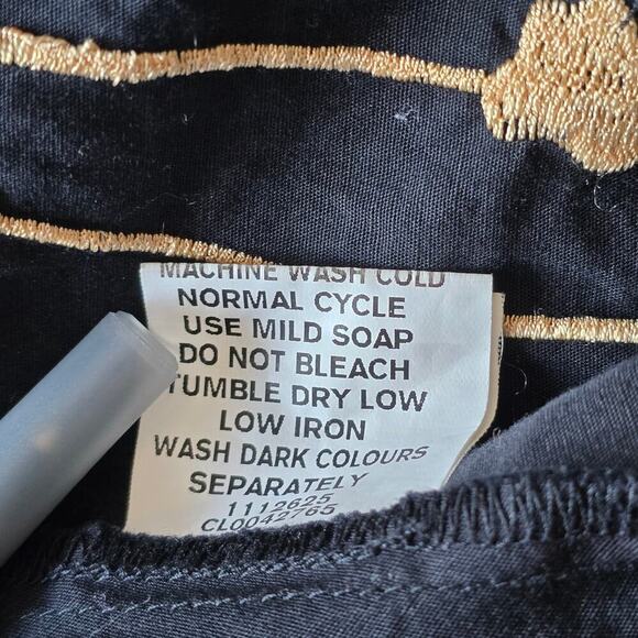 Black Gold Embroidered Midi Dress L 3/4 Sleeve Cotton Pockets Boho Elegant - Picture 9 of 11